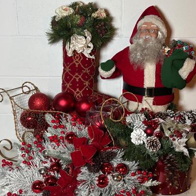 LOT 106: Holiday Decor: Santa Figure, Gold Wire Sleigh, Floral Centerpiece and More