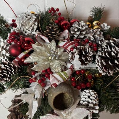 LOT 106: Holiday Decor: Santa Figure, Gold Wire Sleigh, Floral Centerpiece and More