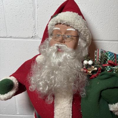 LOT 106: Holiday Decor: Santa Figure, Gold Wire Sleigh, Floral Centerpiece and More