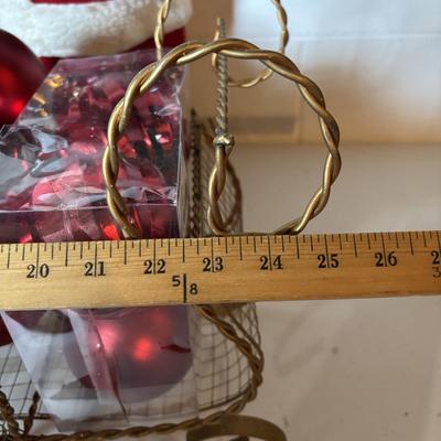 LOT 106: Holiday Decor: Santa Figure, Gold Wire Sleigh, Floral Centerpiece and More