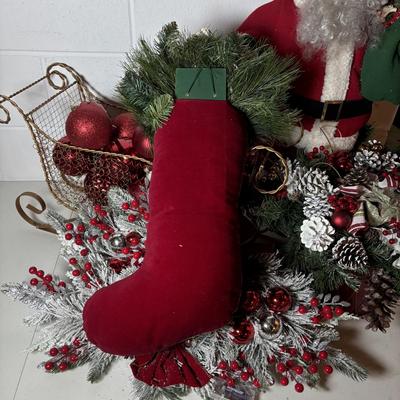 LOT 106: Holiday Decor: Santa Figure, Gold Wire Sleigh, Floral Centerpiece and More