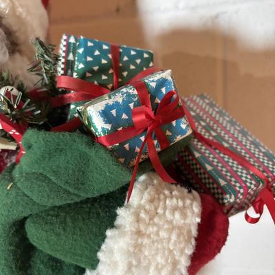 LOT 106: Holiday Decor: Santa Figure, Gold Wire Sleigh, Floral Centerpiece and More