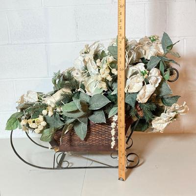 LOT 277: Holiday Decor - Pair of Deer with Wood / Metal Sleigh filled with Faux Flowers / Doves