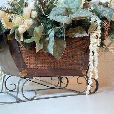 LOT 277: Holiday Decor - Pair of Deer with Wood / Metal Sleigh filled with Faux Flowers / Doves