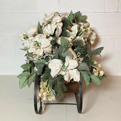 LOT 277: Holiday Decor - Pair of Deer with Wood / Metal Sleigh filled with Faux Flowers / Doves