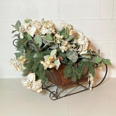 LOT 277: Holiday Decor - Pair of Deer with Wood / Metal Sleigh filled with Faux Flowers / Doves