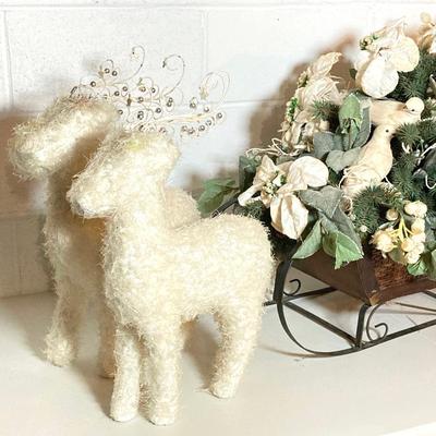 LOT 277: Holiday Decor - Pair of Deer with Wood / Metal Sleigh filled with Faux Flowers / Doves