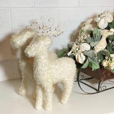 LOT 277: Holiday Decor - Pair of Deer with Wood / Metal Sleigh filled with Faux Flowers / Doves