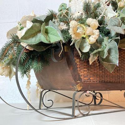 LOT 277: Holiday Decor - Pair of Deer with Wood / Metal Sleigh filled with Faux Flowers / Doves