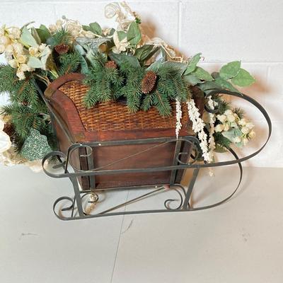 LOT 277: Holiday Decor - Pair of Deer with Wood / Metal Sleigh filled with Faux Flowers / Doves