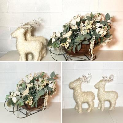LOT 277: Holiday Decor - Pair of Deer with Wood / Metal Sleigh filled with Faux Flowers / Doves