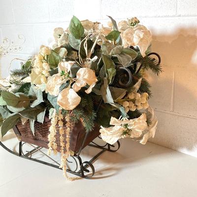 LOT 277: Holiday Decor - Pair of Deer with Wood / Metal Sleigh filled with Faux Flowers / Doves