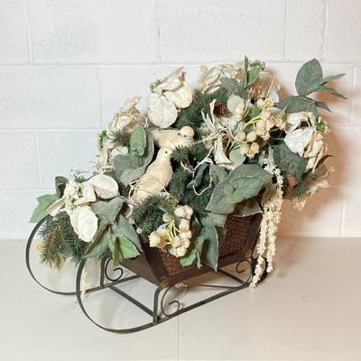 LOT 277: Holiday Decor - Pair of Deer with Wood / Metal Sleigh filled with Faux Flowers / Doves