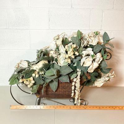 LOT 277: Holiday Decor - Pair of Deer with Wood / Metal Sleigh filled with Faux Flowers / Doves