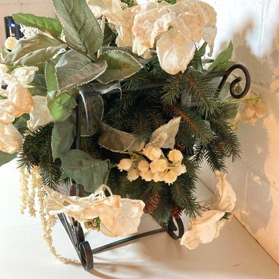 LOT 277: Holiday Decor - Pair of Deer with Wood / Metal Sleigh filled with Faux Flowers / Doves