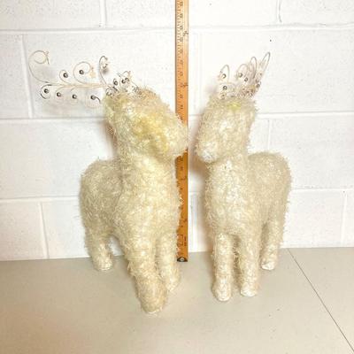 LOT 277: Holiday Decor - Pair of Deer with Wood / Metal Sleigh filled with Faux Flowers / Doves
