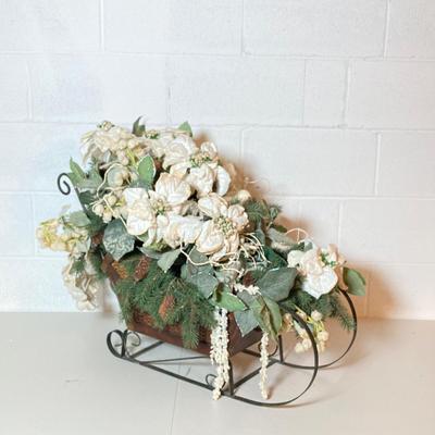 LOT 277: Holiday Decor - Pair of Deer with Wood / Metal Sleigh filled with Faux Flowers / Doves
