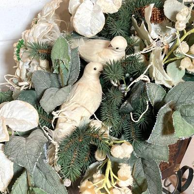 LOT 277: Holiday Decor - Pair of Deer with Wood / Metal Sleigh filled with Faux Flowers / Doves