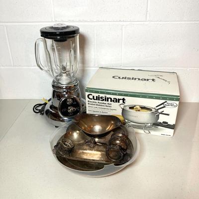 LOT 186: Cuisinart Electric Fondue Set in Original Package, Breville Blender Model CBL10XL and Collection of Silver Plated Kitchenware...