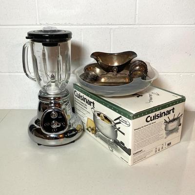 LOT 186: Cuisinart Electric Fondue Set in Original Package, Breville Blender Model CBL10XL and Collection of Silver Plated Kitchenware...