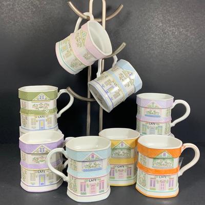 LOT204: Set of Eight (8) Lenox 1992 Love Village Porcelain Coffee Mugs with Stand
