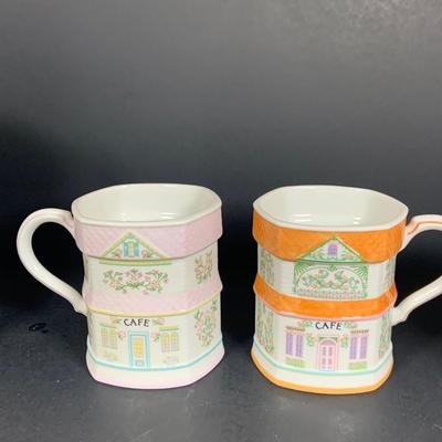 LOT204: Set of Eight (8) Lenox 1992 Love Village Porcelain Coffee Mugs with Stand