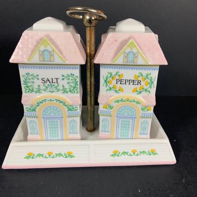 LOT205: Lenox The Love Village Butter Dish, Salt and Pepper Shakers with Caddie and Napkin Rings