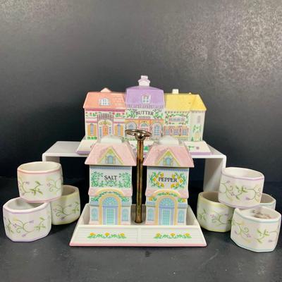 LOT205: Lenox The Love Village Butter Dish, Salt and Pepper Shakers with Caddie and Napkin Rings