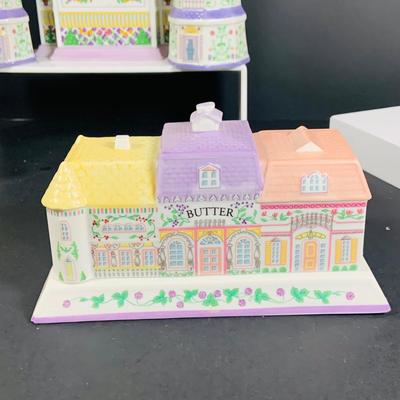 LOT205: Lenox The Love Village Butter Dish, Salt and Pepper Shakers with Caddie and Napkin Rings