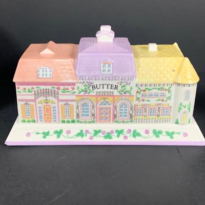 LOT205: Lenox The Love Village Butter Dish, Salt and Pepper Shakers with Caddie and Napkin Rings