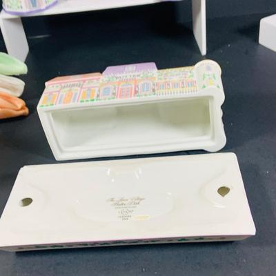 LOT205: Lenox The Love Village Butter Dish, Salt and Pepper Shakers with Caddie and Napkin Rings