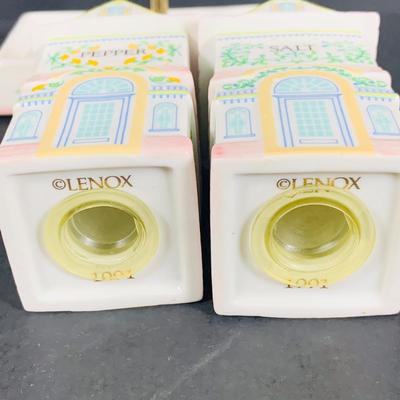LOT205: Lenox The Love Village Butter Dish, Salt and Pepper Shakers with Caddie and Napkin Rings
