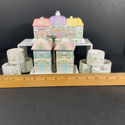 LOT205: Lenox The Love Village Butter Dish, Salt and Pepper Shakers with Caddie and Napkin Rings