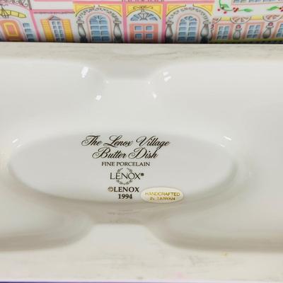 LOT205: Lenox The Love Village Butter Dish, Salt and Pepper Shakers with Caddie and Napkin Rings