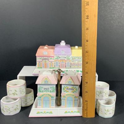 LOT205: Lenox The Love Village Butter Dish, Salt and Pepper Shakers with Caddie and Napkin Rings