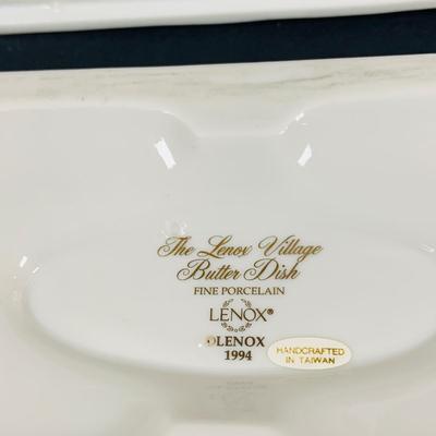 LOT205: Lenox The Love Village Butter Dish, Salt and Pepper Shakers with Caddie and Napkin Rings