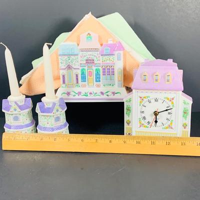 LOT 206: Lenox the Love Village Clock, Candlesticks, Napkin Holder with Cloth Napkins