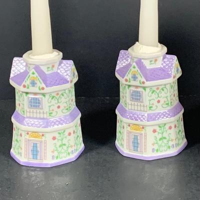 LOT 206: Lenox the Love Village Clock, Candlesticks, Napkin Holder with Cloth Napkins