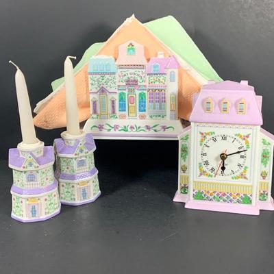 LOT 206: Lenox the Love Village Clock, Candlesticks, Napkin Holder with Cloth Napkins