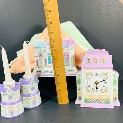 LOT 206: Lenox the Love Village Clock, Candlesticks, Napkin Holder with Cloth Napkins