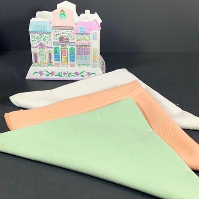 LOT 206: Lenox the Love Village Clock, Candlesticks, Napkin Holder with Cloth Napkins