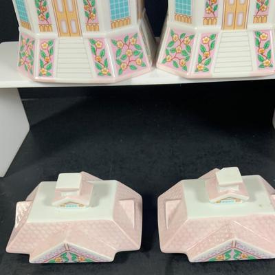 LOT 210: Lenox The Love Village Tea Pot, with Lid, Creamer, and Two(2) Sugar Bowls