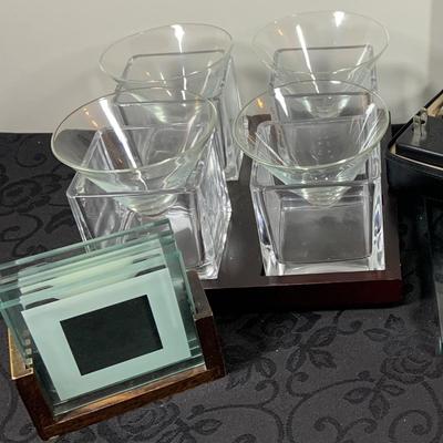 LOT216: For the Modern Bar - Red Envelope Cubist Martini Glass Set with Tray, Swing Glass Picture Frame Coasters, and Glass Tray