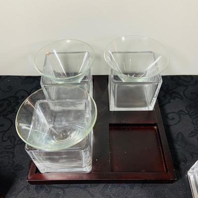 LOT216: For the Modern Bar - Red Envelope Cubist Martini Glass Set with Tray, Swing Glass Picture Frame Coasters, and Glass Tray