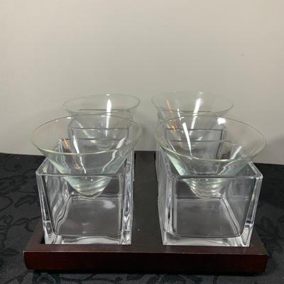 LOT216: For the Modern Bar - Red Envelope Cubist Martini Glass Set with Tray, Swing Glass Picture Frame Coasters, and Glass Tray