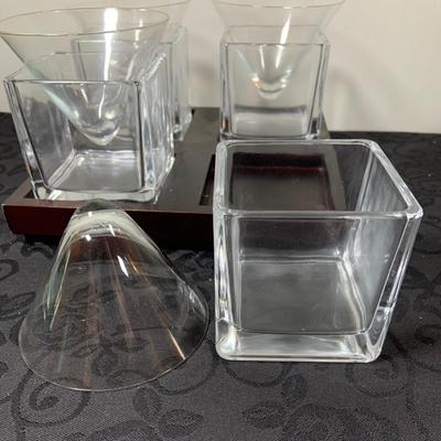 LOT216: For the Modern Bar - Red Envelope Cubist Martini Glass Set with Tray, Swing Glass Picture Frame Coasters, and Glass Tray