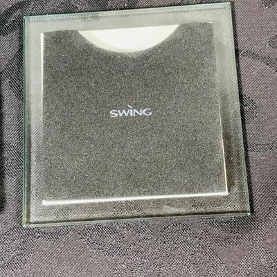 LOT216: For the Modern Bar - Red Envelope Cubist Martini Glass Set with Tray, Swing Glass Picture Frame Coasters, and Glass Tray