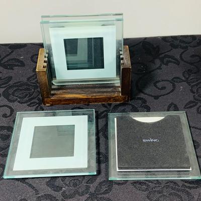 LOT216: For the Modern Bar - Red Envelope Cubist Martini Glass Set with Tray, Swing Glass Picture Frame Coasters, and Glass Tray