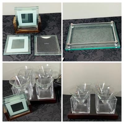 LOT216: For the Modern Bar - Red Envelope Cubist Martini Glass Set with Tray, Swing Glass Picture Frame Coasters, and Glass Tray
