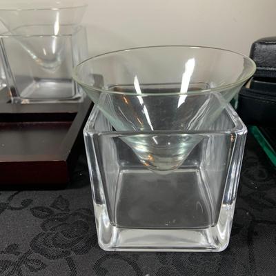 LOT216: For the Modern Bar - Red Envelope Cubist Martini Glass Set with Tray, Swing Glass Picture Frame Coasters, and Glass Tray